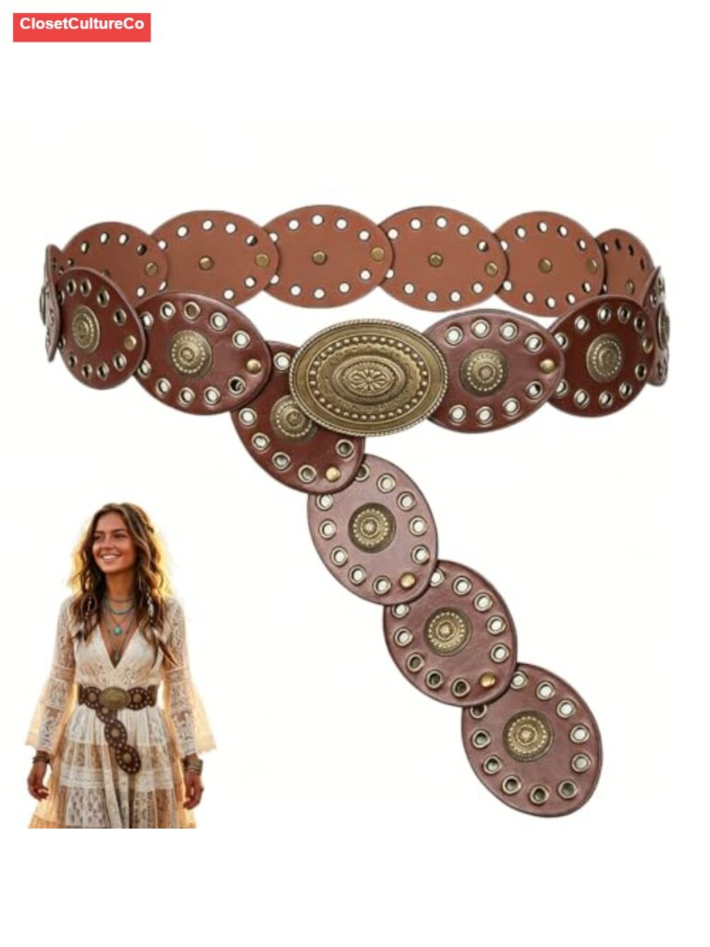 Western Boho Faux Leather Belt Wide Hollow Out Cowgirl Waist